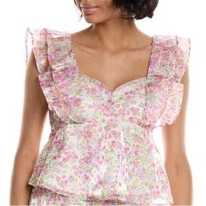 Wildfox Sydney Blouse in White Pink Floral Pastel Smocked Back Tank Shirt Ruffly